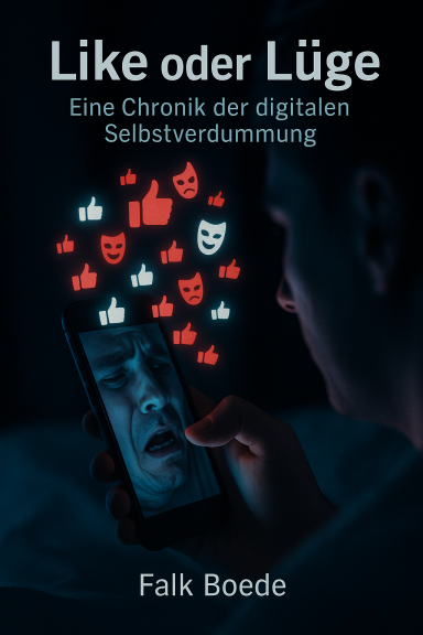 Buchcover: Eine Person schaut entsetzt auf ein Handy, umgeben von Emoticons und Masken.