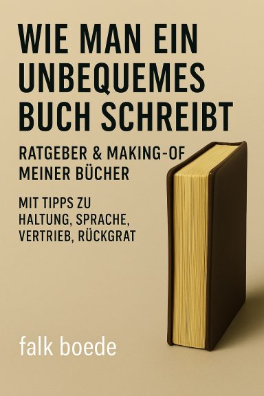 Titel des Buches "Wie man ein unbequemes Buch schreibt" mit einem offenen Buch und Autorennamen.