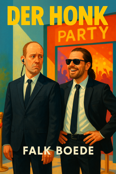 Der Honk Zwei Männer in Anzügen stehen vor einer Feier im Hintergrund, lächelnd und selbstbewusst.