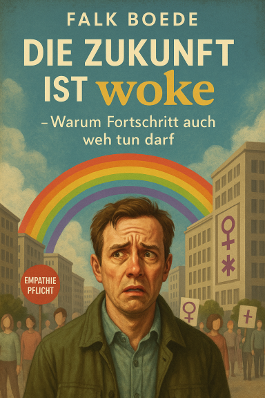 Buchcover mit einem besorgten Mann vor einem Regenbogen und modernen Gebäuden.