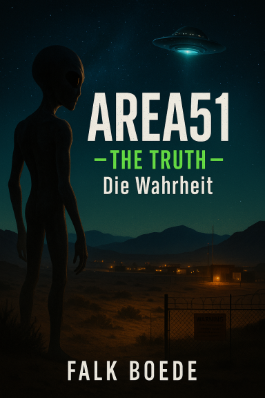 Buchcover über Area 51, zeigt einen Alien und ein Raumschiff im Nachtlicht.