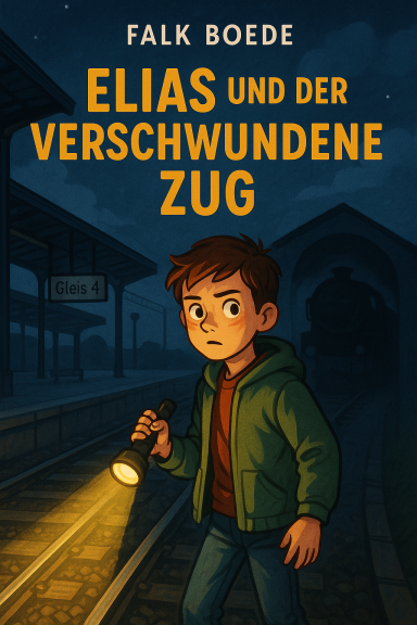Junge mit Taschenlampe am Bahnhof, inspiziert eine nächtliche Szenerie.
