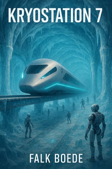 Kryostation 7 Eine Magnetschienenbahn ist in einem Bahnhof angekommen, der weiter unter dem Eis inder Arktis ist. Es laufen überall Serviceroboter rum.