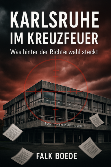 Buchcover mit dem Titel „Karlsruhe im Kreuzfeuer“ und dramatischem Hintergrund.