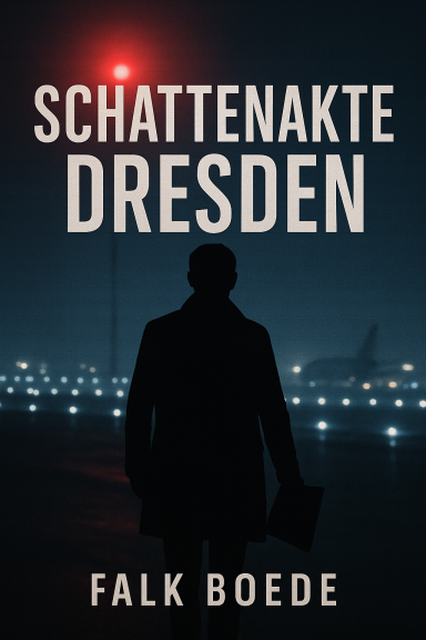 Die Schattenakte Mann, den man nur von hinten wie eine Silouette sieht, im Hinter Lichter einer Startbahn eines Flughafens mit einer Flugzeugsilouette.